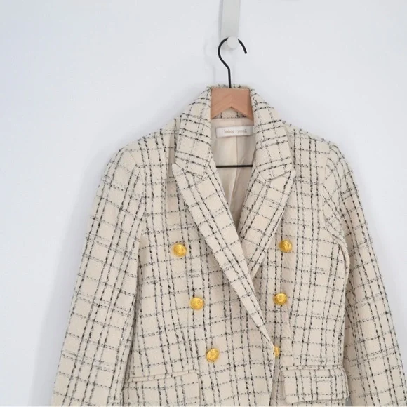 Bishop and Young Parker Tweed Blazer Double Breasted Windowpane Cream Women's S - Picture 4 of 8